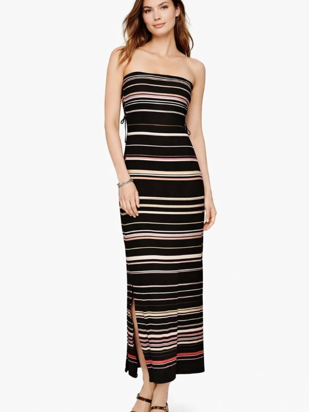 WHBM Convertible Maxi Dress Skirt Striped Strapless Black Fuschia Cream  XS